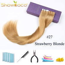 Load image into Gallery viewer, ShowCoco Tape in Human Hair Extensions Natural Real Hair 20/40pcs Mixed Color Hotheads Extensions shine Brown to Blonde tape ins