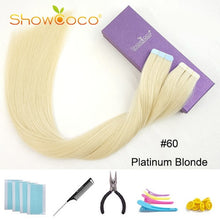 Load image into Gallery viewer, ShowCoco Tape in Human Hair Extensions Natural Real Hair 20/40pcs Mixed Color Hotheads Extensions shine Brown to Blonde tape ins