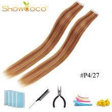 Load image into Gallery viewer, ShowCoco Tape in Human Hair Extensions Natural Real Hair 20/40pcs Mixed Color Hotheads Extensions shine Brown to Blonde tape ins