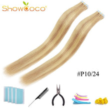 Load image into Gallery viewer, ShowCoco Tape in Human Hair Extensions Natural Real Hair 20/40pcs Mixed Color Hotheads Extensions shine Brown to Blonde tape ins