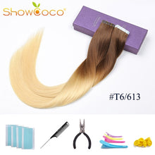 Load image into Gallery viewer, ShowCoco Tape in Human Hair Extensions Natural Real Hair 20/40pcs Mixed Color Hotheads Extensions shine Brown to Blonde tape ins