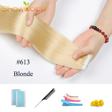Load image into Gallery viewer, ShowCoco Tape in Human Hair Extensions Natural Real Hair 20/40pcs Mixed Color Hotheads Extensions shine Brown to Blonde tape ins