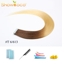 Load image into Gallery viewer, ShowCoco Tape in Human Hair Extensions Natural Real Hair 20/40pcs Mixed Color Hotheads Extensions shine Brown to Blonde tape ins
