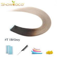 Load image into Gallery viewer, ShowCoco Tape in Human Hair Extensions Natural Real Hair 20/40pcs Mixed Color Hotheads Extensions shine Brown to Blonde tape ins